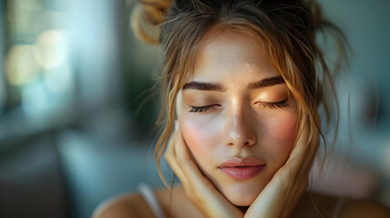 Fototapeta premium Close Up Portrait of a Woman with Eyes Closed - Photo