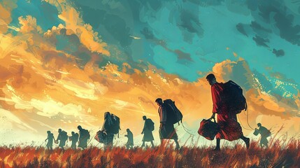 Illustration of refugees showing individuals in distress, carrying belongings, walking through harsh conditions, symbolizing displacement, hope, and survival amidst uncertainty.