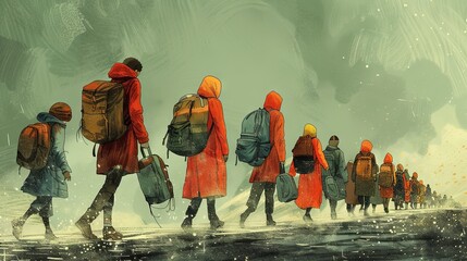 Illustration of refugees showing individuals in distress, carrying belongings, walking through harsh conditions, symbolizing displacement, hope, and survival amidst uncertainty.