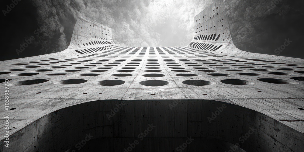 Poster a concrete structure with circular cutouts against a cloudy sky