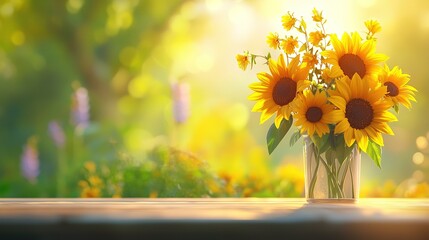   A vase brimming with bright sunflowers sits gracefully on a wooden table, framed by a serene green field