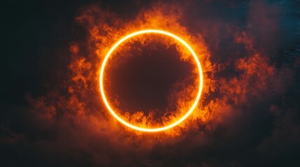 Glowing neon orange circle. Fire circle. Dark background