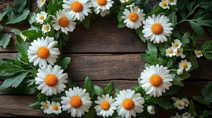 Obraz premium A wreath of fresh daisies on a rustic wooden background.