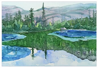 Geyser lake in the mountains, coniferous forest, transparent air, watercolor painting