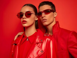 Fashion couple young models in stylish sunglasses on a minimalistic wall background. Ideal advertising for accessories eyewear stores.