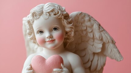 Fototapeta premium Smiling cupid holding a heart-shaped bow, soft pastel pink background, romantic Valentine mood