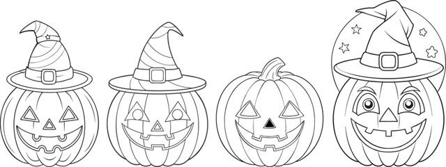 Vector collection of four pumpkins with different witch hats, for Halloween-themed icons, stickers, event branding