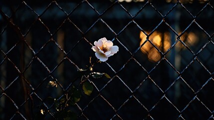   A white blossom blooms through a wire net with a distant building's glow behind it