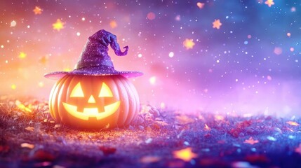 Fototapeta premium Cute pumpkin with a witch hat, pastel purple and orange sky, glowing stars, creating a magical Halloween atmosphere.