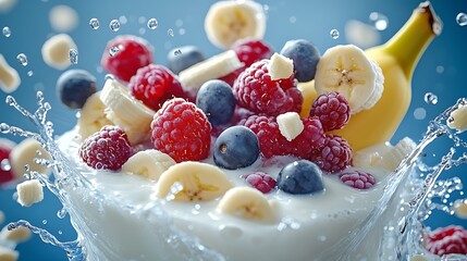 A fruit splash with bananas and raspberries on top of a white plate. The fruit is surrounded by milk droplets fresh mixed berries a banana, and milk. Concept of freshness and vitality. Blue backdrop