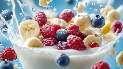 A fruit splash with bananas and raspberries on top of a white plate. The fruit is surrounded by milk droplets fresh mixed berries a banana, and milk. Concept of freshness and vitality. Blue backdrop