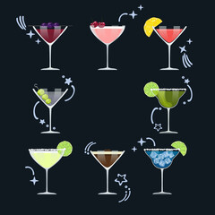 Set of flat vector cocktail illustrations of classic cocktails in different types of glasses, liqueurs for menus and alcoholic beverages, anfood menus in cute cartoon style on a background, per edit.
