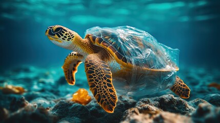 Obraz premium Sea Turtle Entangled in Plastic Underwater, Highlighting Ocean Pollution and Environmental Issues