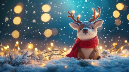 Chubby reindeer with a red scarf, snowy pastel blue background, holiday lights twinkling in the night.