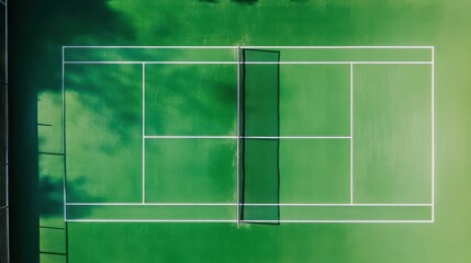 Fototapeta premium A tennis court with vibrant green surface and white lines, outdoor setting on a sunny day, Minimalist style