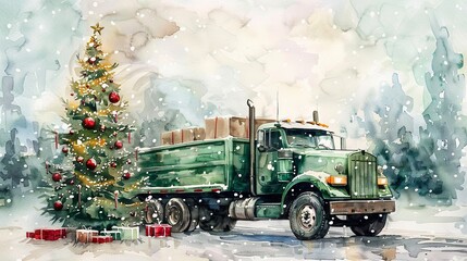 watercolour illustration of green christmas truck and christmas tree, greeting tree 