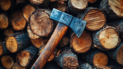 Axe resting on a stack of freshly chopped firewood in a rustic setting during daylight