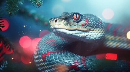 Fototapeta premium 2025 Year of the Snake. Close-up of snake with blurred background, lying around Christmas tree, Christmas toys, place for inscription or text. New Year's atmosphere.