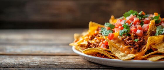 A close-up of a plate of nachos piled high with melted cheese, ground beef, diced tomatoes, onions, and cilantro.