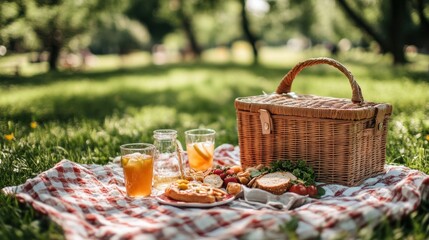 notion of leisure and eating: close-up of food, beverages, and a picnic basket on a blanket on the lawn of a summer park