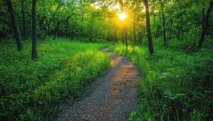 Obraz premium A Sunlit Path Winding Through a Lush Green Forest