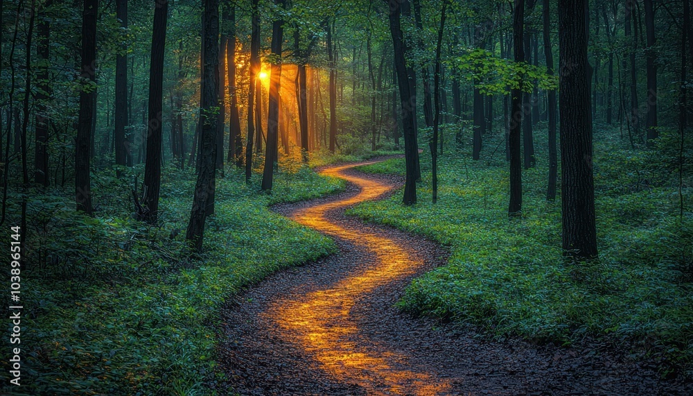 Poster Sunlit Path Winding Through a Dense Forest