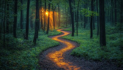 Obraz premium Sunlit Path Winding Through a Dense Forest