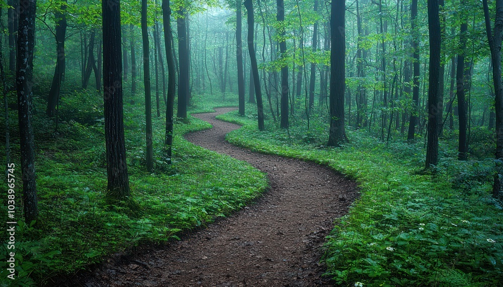 Poster winding path through a misty forest