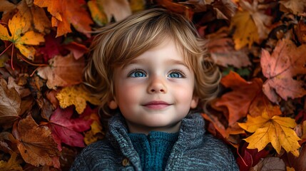 Fototapeta premium Portrait of a little boy in autumn leaves