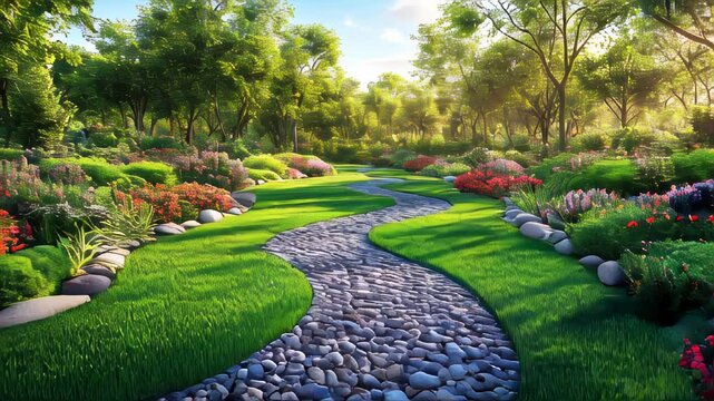 Serene garden pathway winding through vibrant flower beds and lush greenery