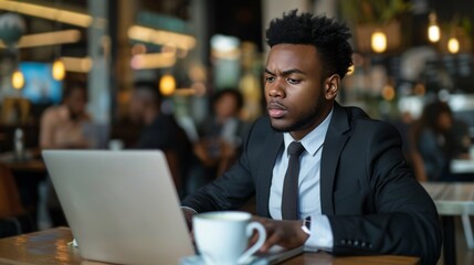 Fototapeta premium African American Businessman Working in Coffee Shop