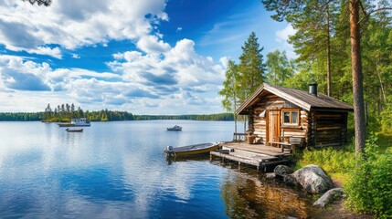 Fototapeta premium Classical log cabin. Fishing boats moored outside a lakeside Finnish sauna. Summertime scenery