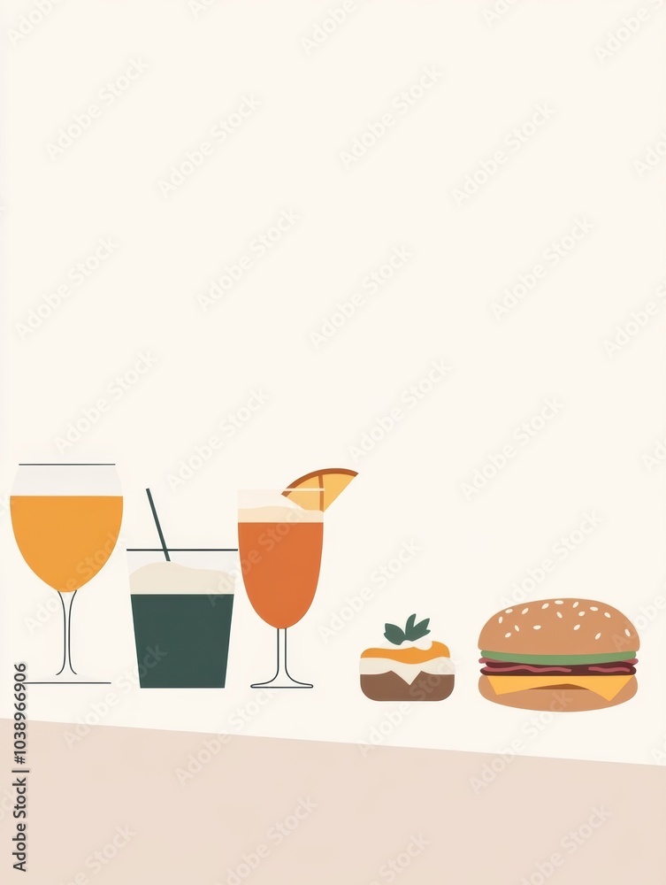 Poster a variety of colorful drinks and a tasty burger are arranged neatly, creating an inviting atmosphere