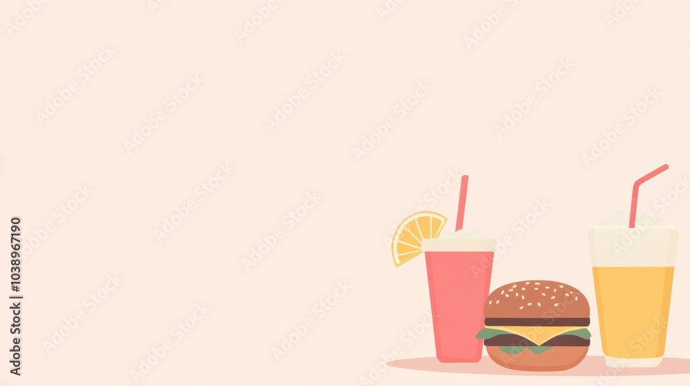 Poster a refreshing combination of drinks and burgers set against a simple background, perfect for a casual