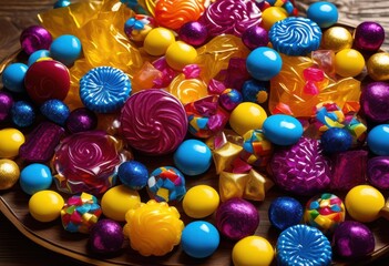 vibrant inviting close array colorful assorted candies featuring bright hues interesting shapes, candy, celebration, creamy, crunchy, decadent, dessert