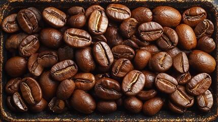 Fototapeta premium Close-up of roasted coffee beans in a brown ceramic tray.