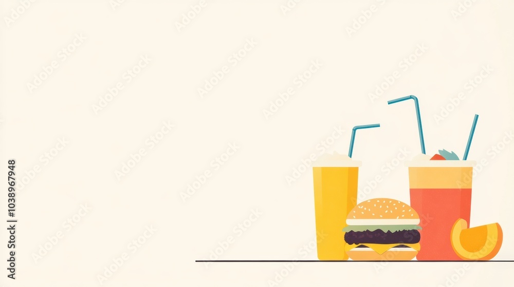 Aufkleber a casual dining setup featuring colorful drinks and a burger on a minimalist background, perfect for