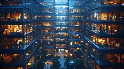 Fototapeta premium Night View of Modern Office Building with Glass Facade