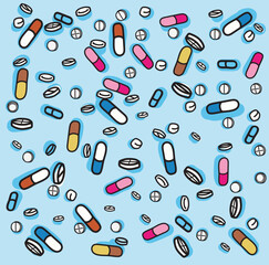 seamless pattern of pills medicine isolated on white background