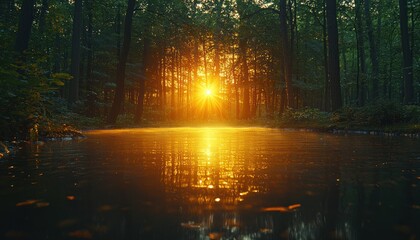 Golden Sunset Through a Forest Reflecting on a Tranquil Pond