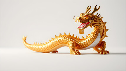 Horizontal left to right 3d Chinese a happy gold dragon with happy face on white background. generative AI