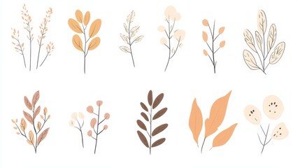 A collection of minimalist doodles featuring various leaves and flowers that evoke a sense of calmness with their gentle design. Generative AI