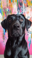 Pink background and a black Labrador Retriever with a serious expression