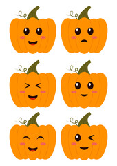 Cute emoji face character baby pumpkins set. Cartoon Halloween and Harvesting, Thanksgiving illustration