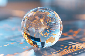 Globe placed over a screen displaying financial data and stock market analysis