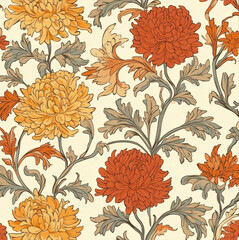 floral vector repeating pattern wildflowers in autumn colors on a cream background