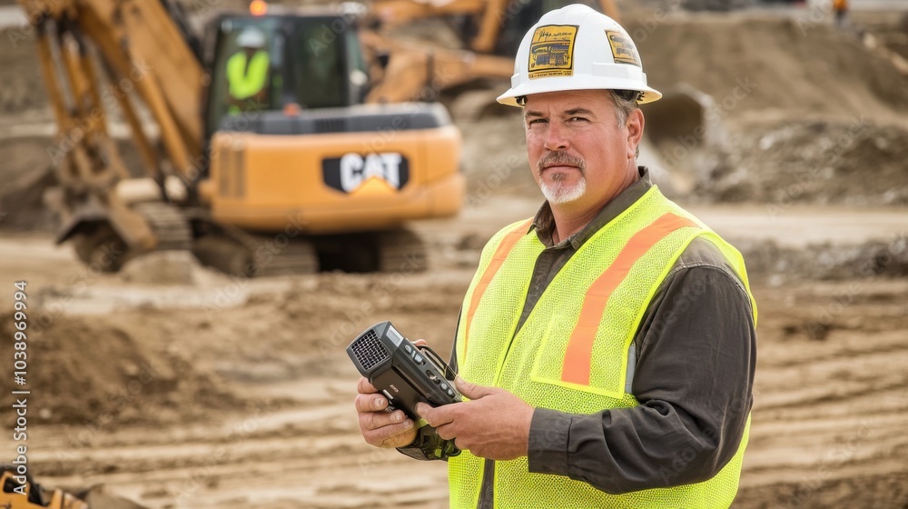 Poster a construction foreman in a reflective vest and hard hat, holding a radio and standing in front of a