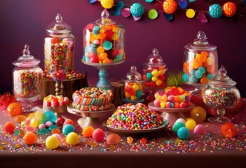 Naklejka premium delightful vibrant candy assortment featuring various colorful packaging styles celebration joy, assorted, sweets, design, flavor, indulgent, desserts