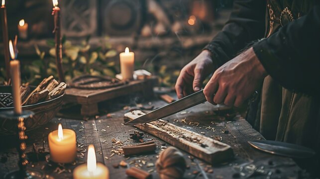 A witch's athame being used to cut a ritual cord, with candles and sacred...