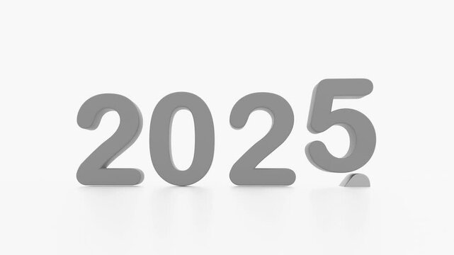 animation of 2025 new year, happy new year 2025, 3d illustration of 2025 grey 3d text turning year from 2021 to 2022. white background with empty space for tex